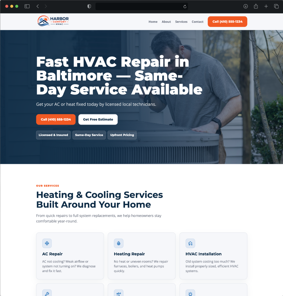 Harbor Comfort HVAC website mockup shown in a browser window